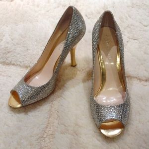 Nine West size 7 1/2 M Sparkly Silver Open Peep Toe with Gold Heels